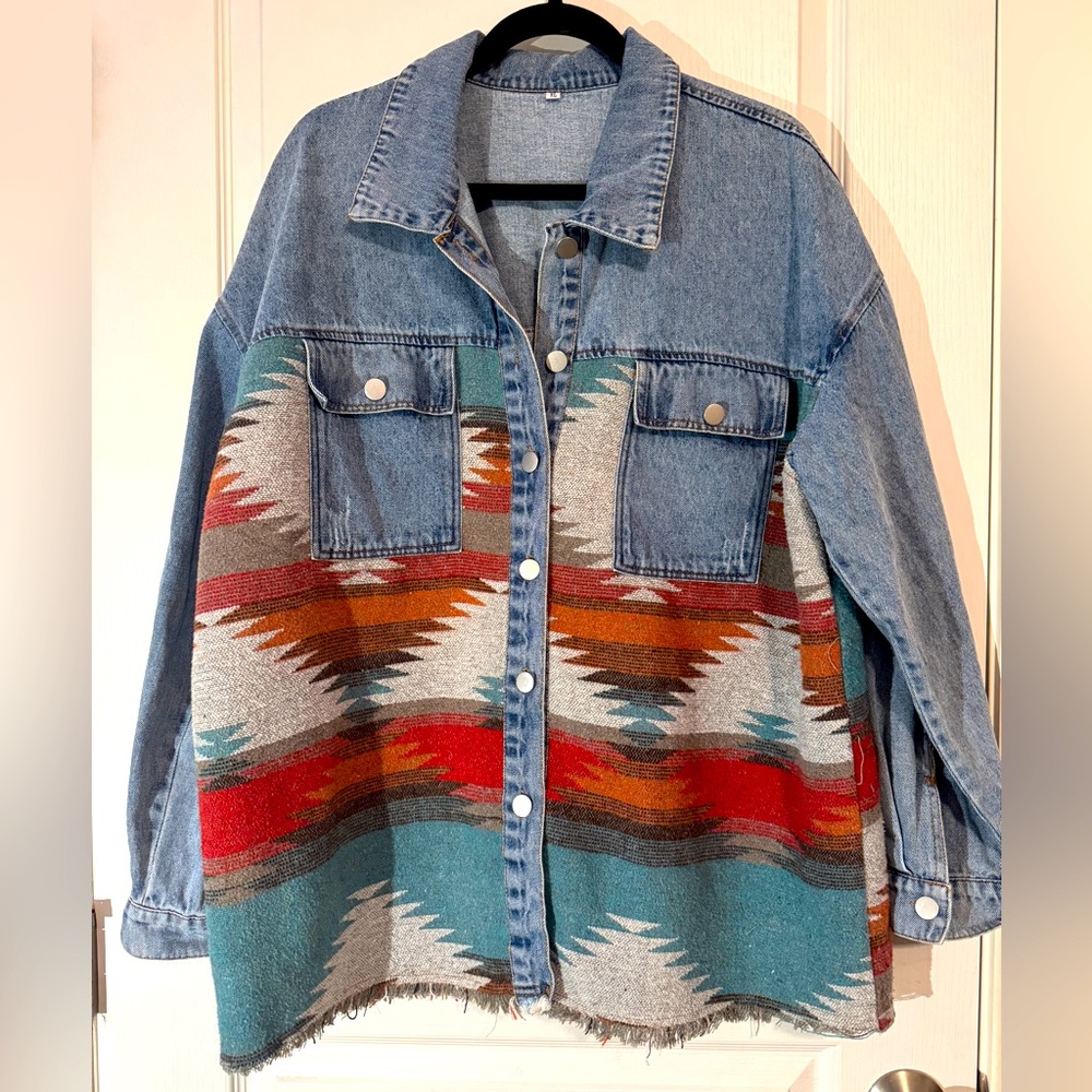 MODA NOVA Juniors Denim Jacket Long Sleeve Vintage Shacket Casual Wear XL Blue